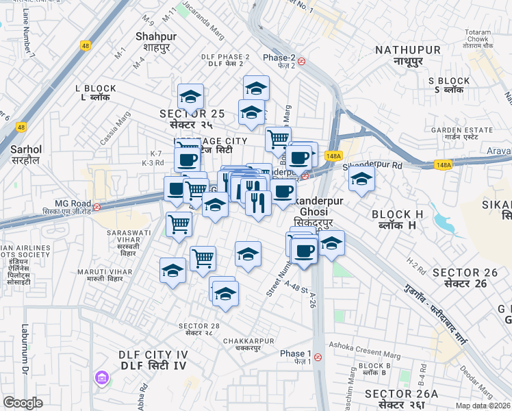 map of restaurants, bars, coffee shops, grocery stores, and more near Mehrauli-Gurgaon Road in Gurugram
