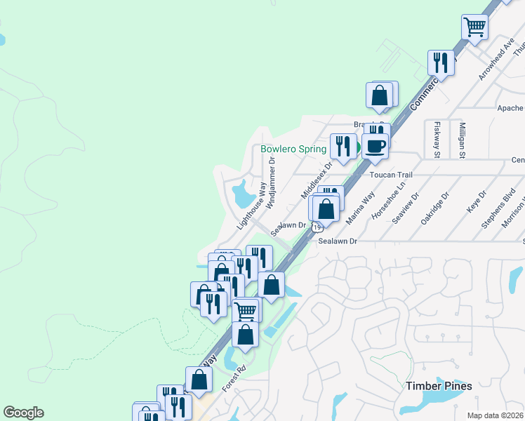 map of restaurants, bars, coffee shops, grocery stores, and more near 3222 Windjammer Drive in Spring Hill