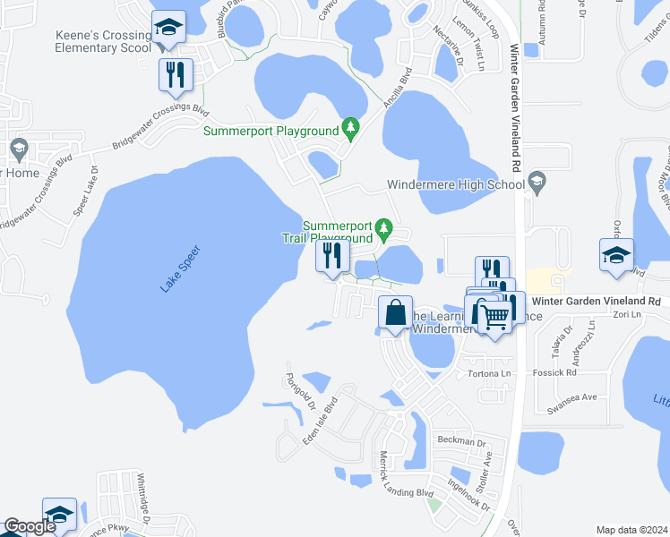 map of restaurants, bars, coffee shops, grocery stores, and more near 13740 Bridgewater Crossings Boulevard in Windermere
