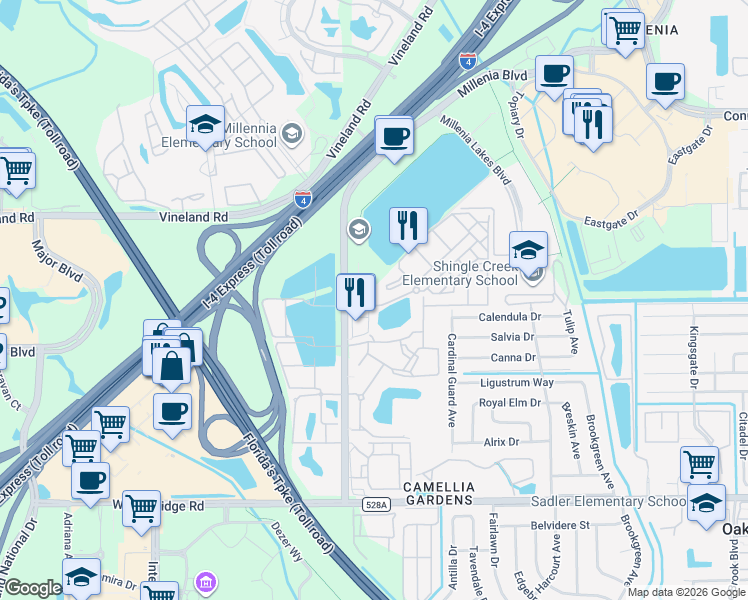 map of restaurants, bars, coffee shops, grocery stores, and more near 4902 Millenia Boulevard in Orlando