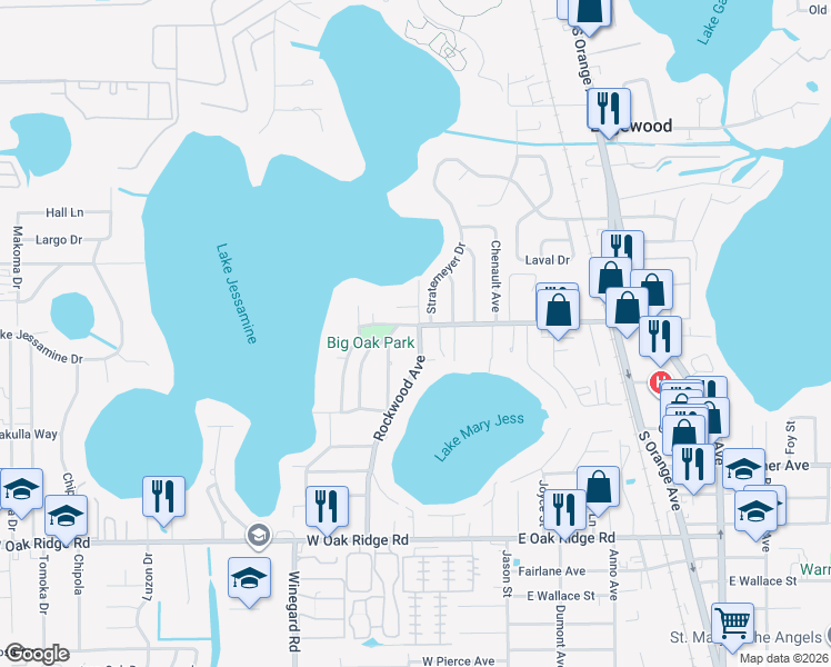 map of restaurants, bars, coffee shops, grocery stores, and more near 5412 Stratemeyer Drive in Orlando