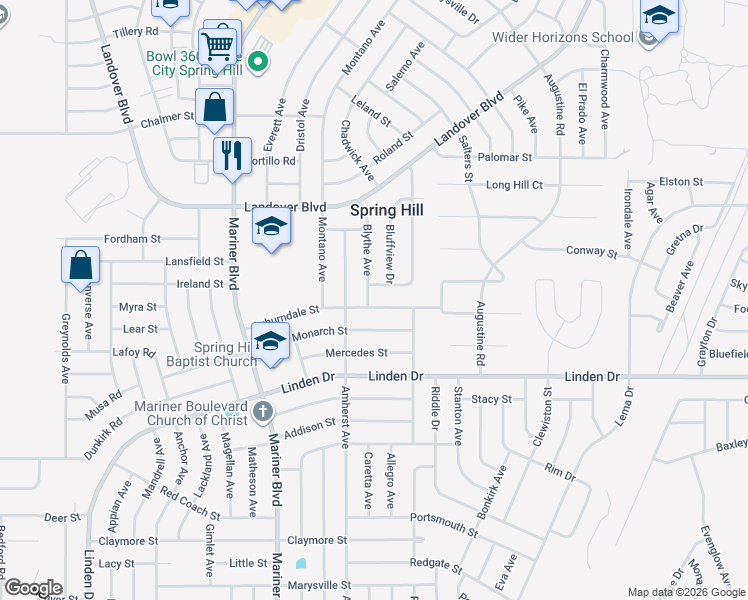 map of restaurants, bars, coffee shops, grocery stores, and more near 3244 Blythe Avenue in Spring Hill