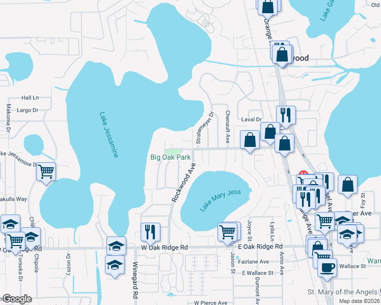 map of restaurants, bars, coffee shops, grocery stores, and more near 5412 Stratemeyer Drive in Orlando