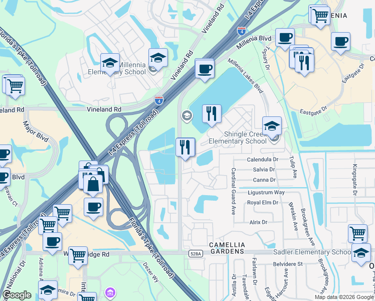 map of restaurants, bars, coffee shops, grocery stores, and more near 4681 Northbridge Drive in Orlando