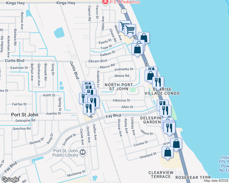 map of restaurants, bars, coffee shops, grocery stores, and more near 1010 Barclay Drive in Cocoa