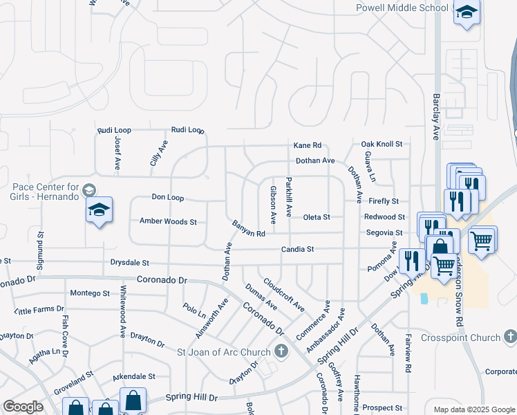map of restaurants, bars, coffee shops, grocery stores, and more near 3466 Ambassador Avenue in Spring Hill