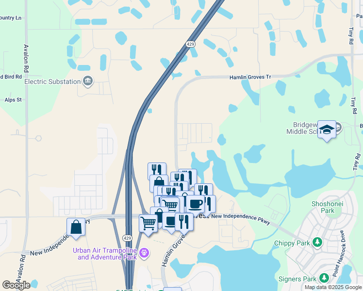 map of restaurants, bars, coffee shops, grocery stores, and more near Hamlin Groves Trail in Winter Garden