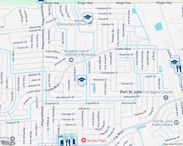 map of restaurants, bars, coffee shops, grocery stores, and more near 4595 Everglades Street in Port Saint John