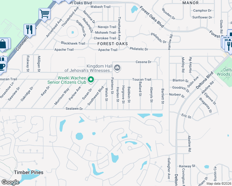 map of restaurants, bars, coffee shops, grocery stores, and more near 3250 Painters Street in Spring Hill