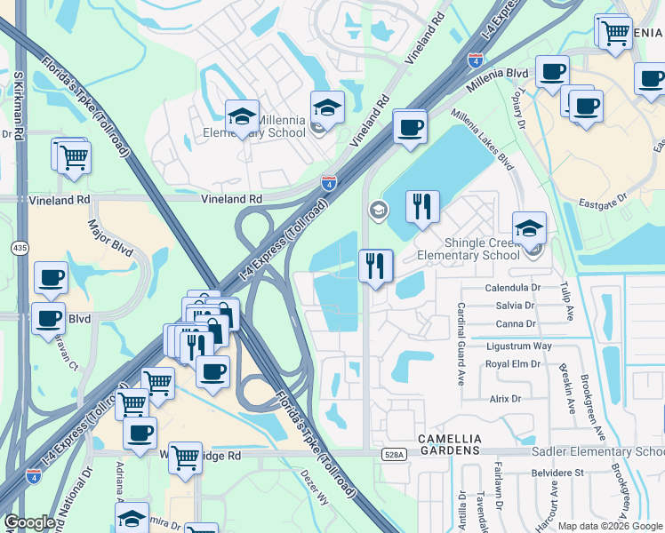 map of restaurants, bars, coffee shops, grocery stores, and more near Shingle Creek Trail in Orlando
