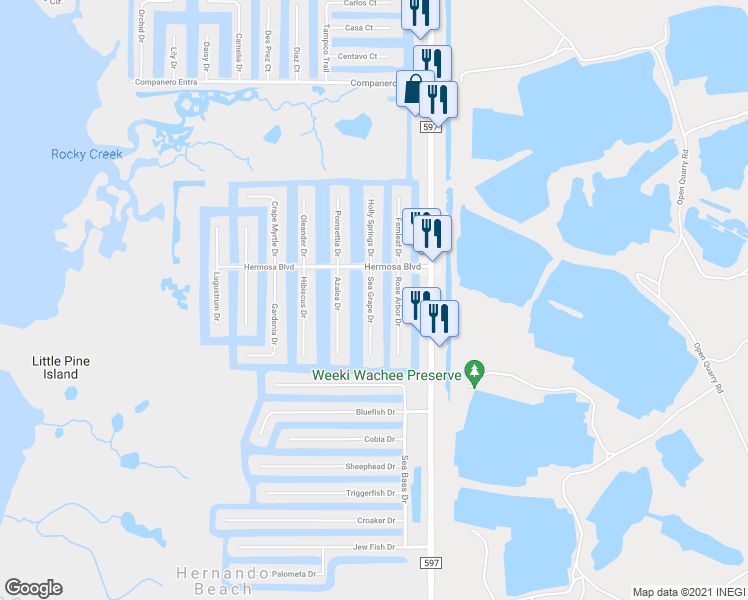 map of restaurants, bars, coffee shops, grocery stores, and more near 3252 Sea Grape Drive in Spring Hill