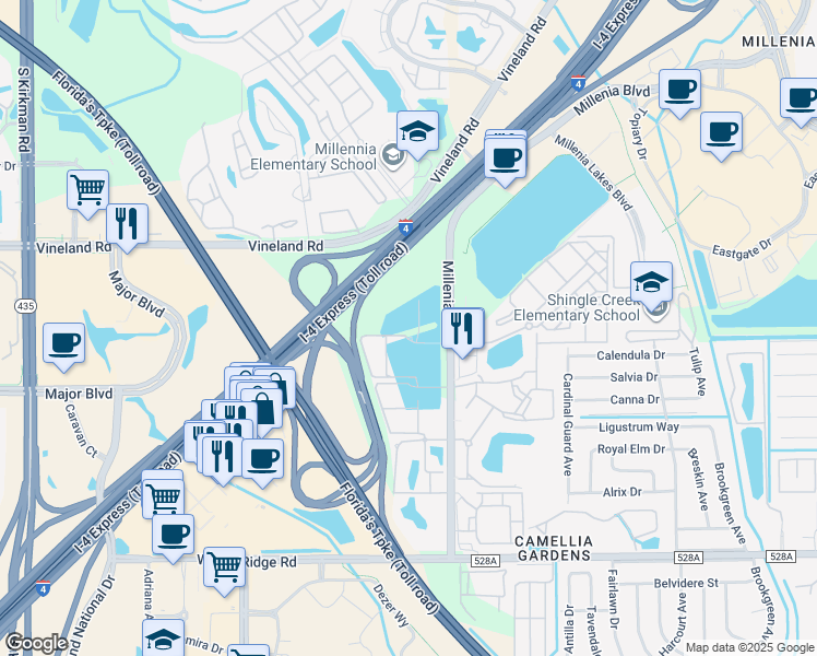 map of restaurants, bars, coffee shops, grocery stores, and more near Shingle Creek Trail in Orlando