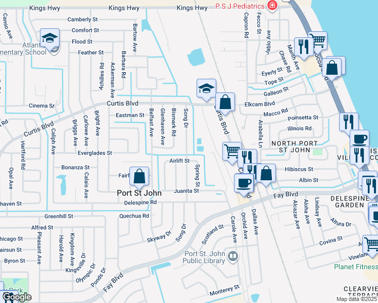map of restaurants, bars, coffee shops, grocery stores, and more near 6925 Song Drive in Cocoa