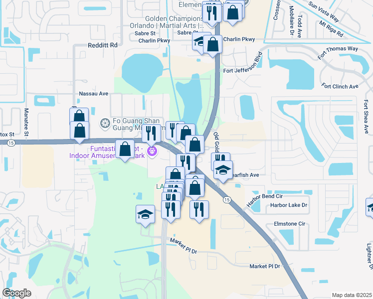 map of restaurants, bars, coffee shops, grocery stores, and more near 4700 South Goldenrod Road in Orlando