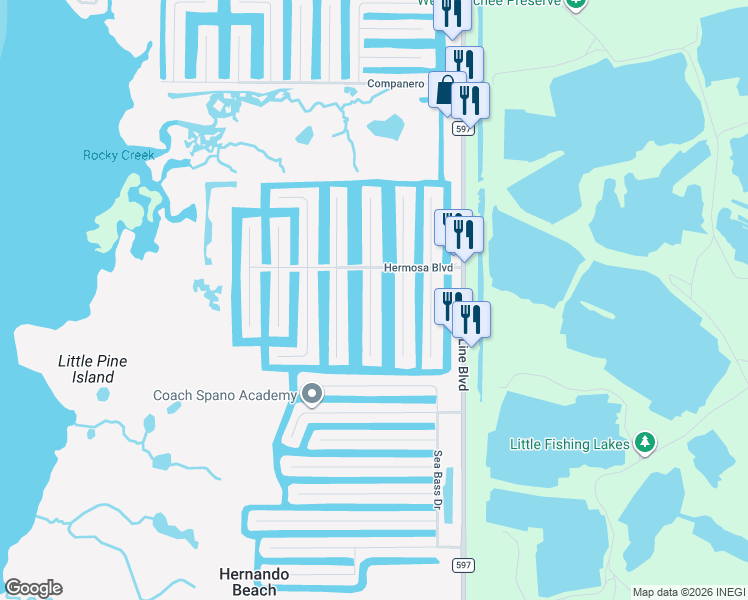 map of restaurants, bars, coffee shops, grocery stores, and more near 3307 Azalea Drive in Hernando Beach