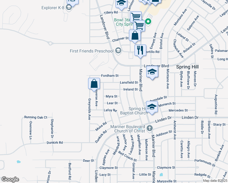 map of restaurants, bars, coffee shops, grocery stores, and more near 10375 Ireland Street in Spring Hill
