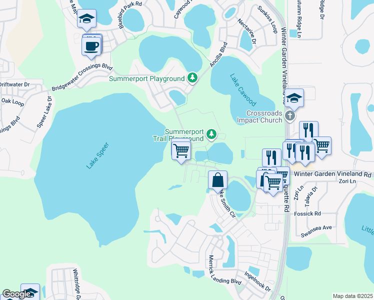 map of restaurants, bars, coffee shops, grocery stores, and more near 13833 Bridgewater Crossings Boulevard in Windermere