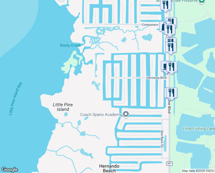 map of restaurants, bars, coffee shops, grocery stores, and more near 3266 Lugustrum Drive in Hernando Beach