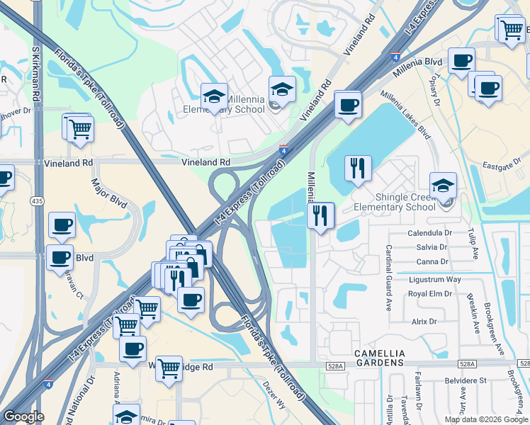 map of restaurants, bars, coffee shops, grocery stores, and more near State Highway 400 in Orlando