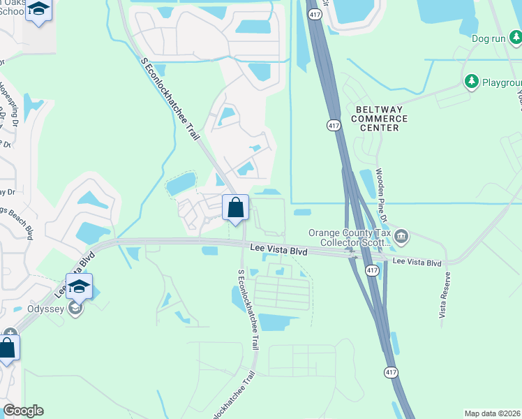 map of restaurants, bars, coffee shops, grocery stores, and more near 10201 Lee Vista Boulevard in Orlando