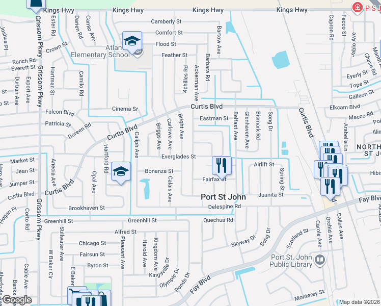 map of restaurants, bars, coffee shops, grocery stores, and more near 6930 Ackerman Avenue in Cocoa
