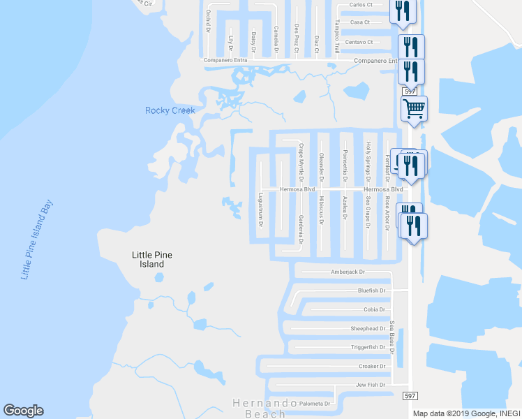 map of restaurants, bars, coffee shops, grocery stores, and more near Lugustrum Drive in Hernando Beach