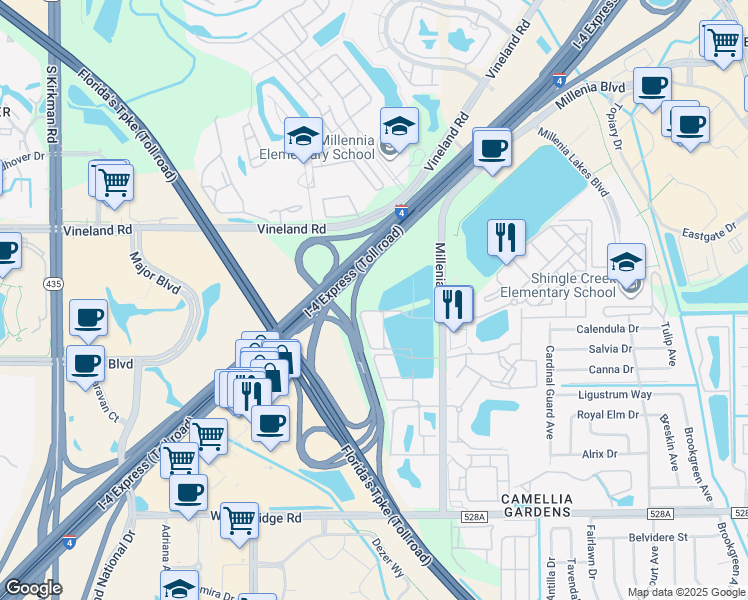 map of restaurants, bars, coffee shops, grocery stores, and more near State Highway 400 in Orlando