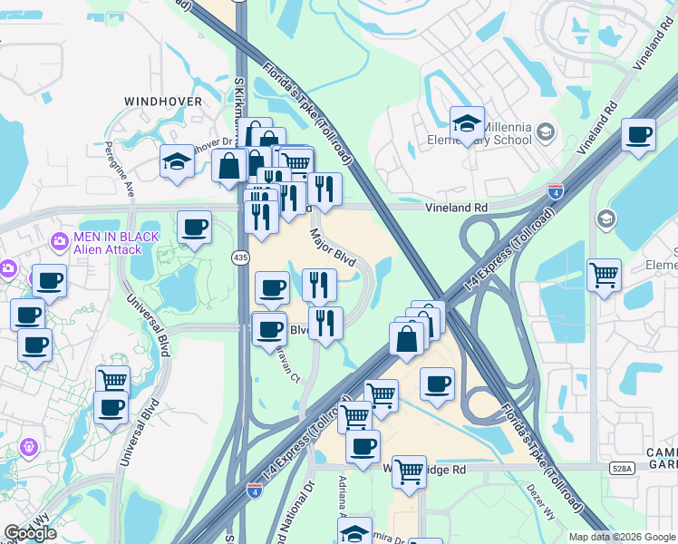 map of restaurants, bars, coffee shops, grocery stores, and more near 5620 Major Boulevard in Orlando