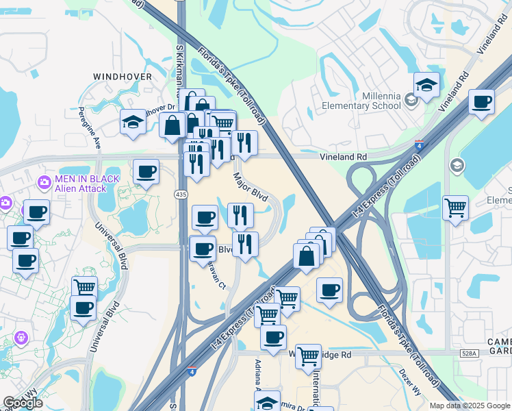map of restaurants, bars, coffee shops, grocery stores, and more near 5620 Major Boulevard in Orlando