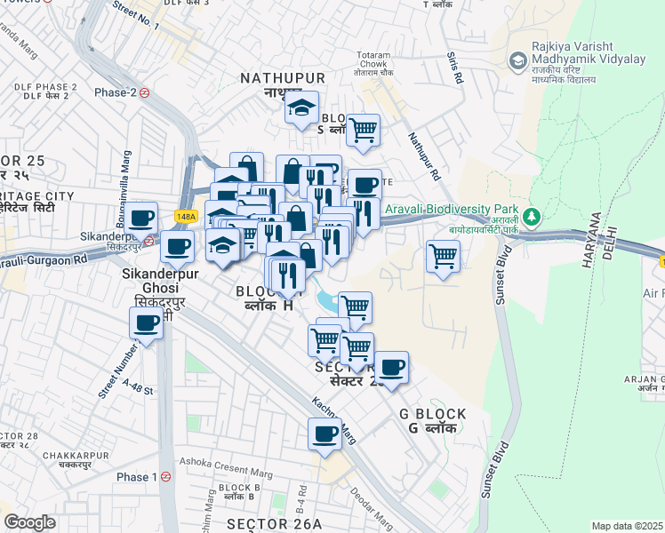 map of restaurants, bars, coffee shops, grocery stores, and more near in Gurugram