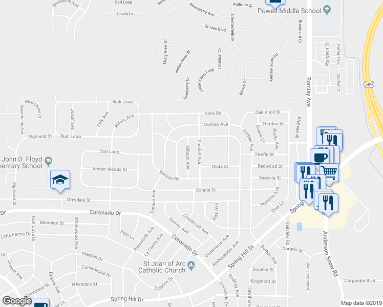 map of restaurants, bars, coffee shops, grocery stores, and more near 3228 Gibson Avenue in Spring Hill