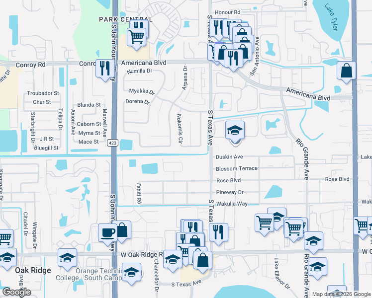 map of restaurants, bars, coffee shops, grocery stores, and more near 5517 Nokomis Circle in Orlando