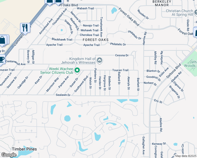 map of restaurants, bars, coffee shops, grocery stores, and more near 3250 Painters Street in Spring Hill