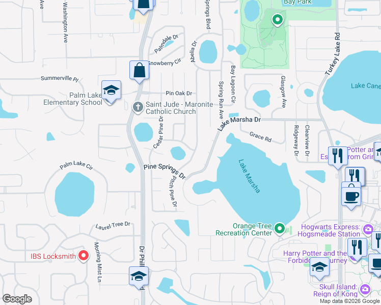 map of restaurants, bars, coffee shops, grocery stores, and more near 5804 Pitch Pine Drive in Orlando