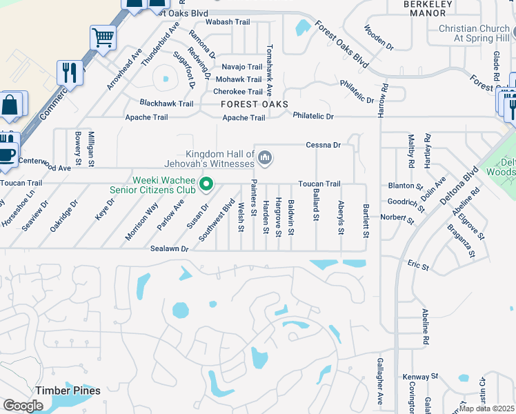 map of restaurants, bars, coffee shops, grocery stores, and more near 3250 Painters Street in Spring Hill