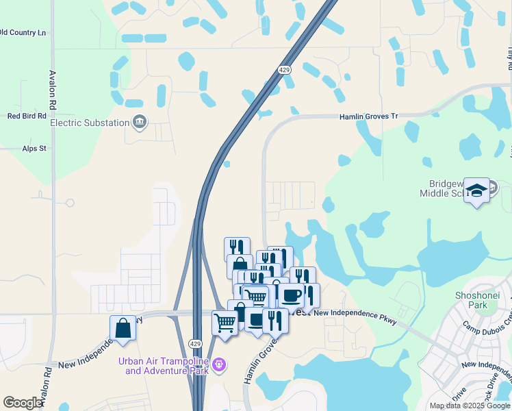 map of restaurants, bars, coffee shops, grocery stores, and more near 4814 Hamlin Groves Trail in Winter Garden