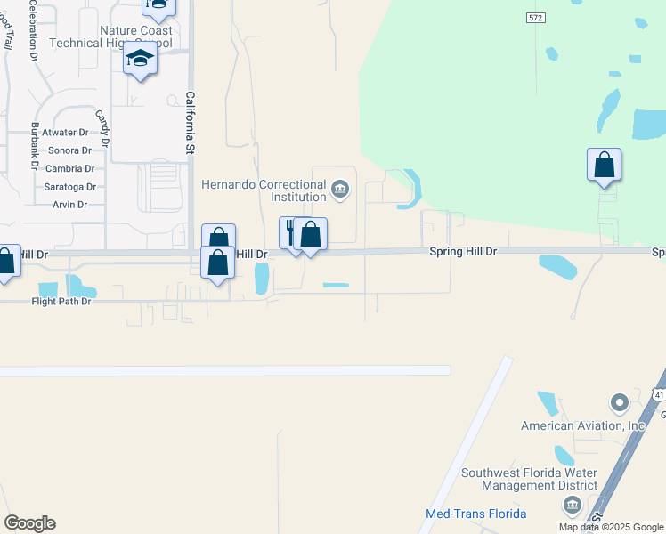 map of restaurants, bars, coffee shops, grocery stores, and more near 16386 Spring Hill Drive in Brooksville