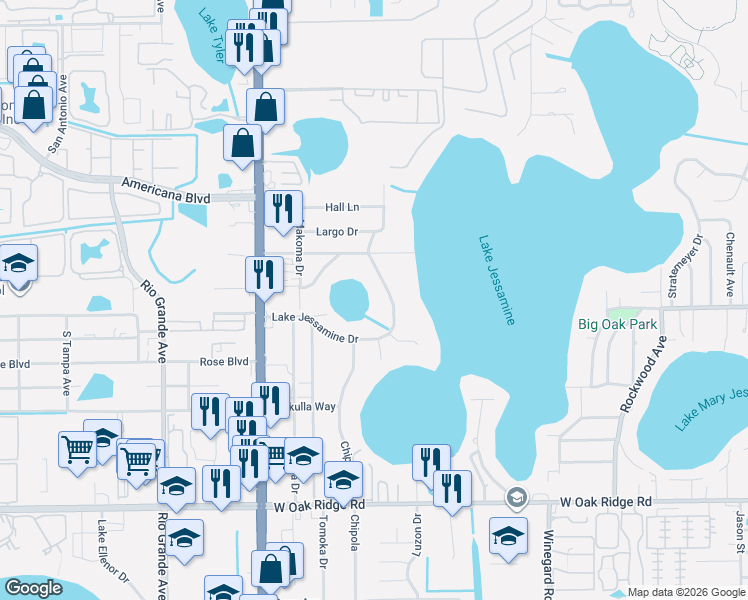map of restaurants, bars, coffee shops, grocery stores, and more near 5450 Lake Jessamine Drive in Orlando
