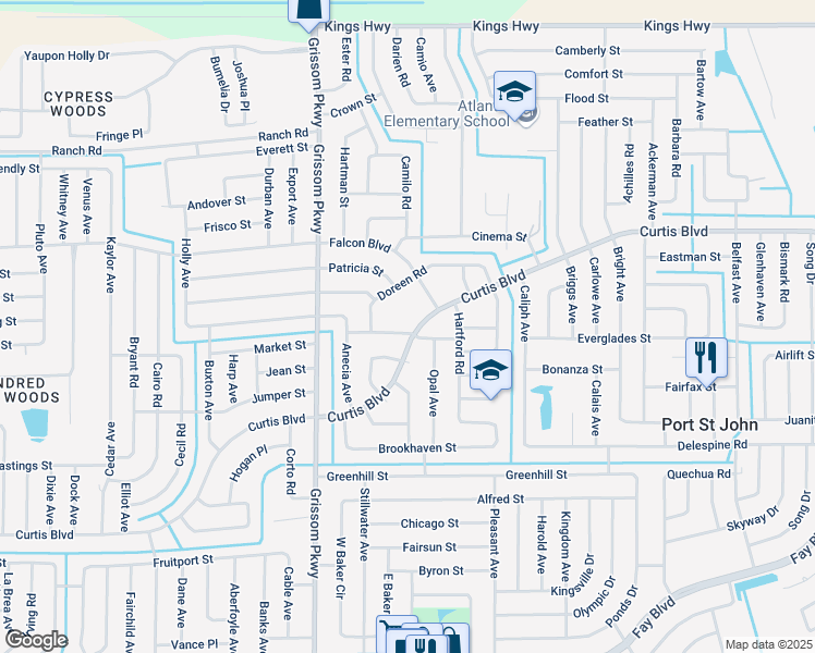 map of restaurants, bars, coffee shops, grocery stores, and more near 4800 Fresno Street in Cocoa
