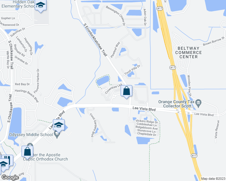 map of restaurants, bars, coffee shops, grocery stores, and more near 5759 Crowntree Lane in Orlando