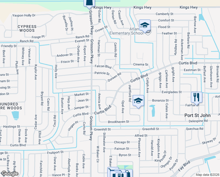map of restaurants, bars, coffee shops, grocery stores, and more near 4830 Fresno Street in Cocoa