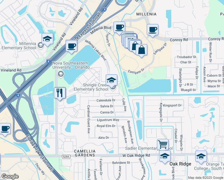 map of restaurants, bars, coffee shops, grocery stores, and more near 5620 Harcourt Avenue in Orlando
