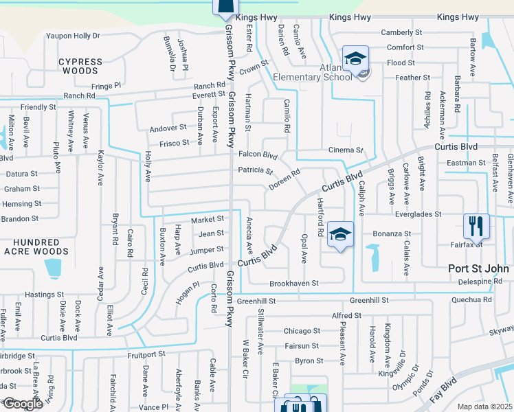 map of restaurants, bars, coffee shops, grocery stores, and more near 4870 Fresno Street in Cocoa