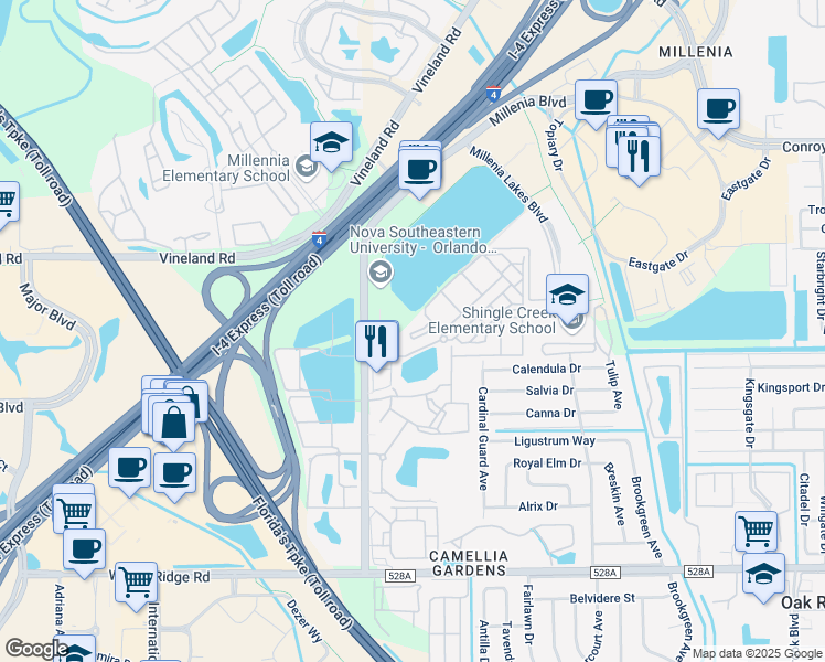 map of restaurants, bars, coffee shops, grocery stores, and more near 4681 Northbridge Drive in Orlando