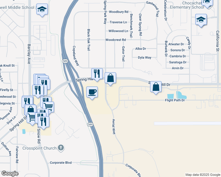 map of restaurants, bars, coffee shops, grocery stores, and more near 3201 Aerial Way in Brooksville