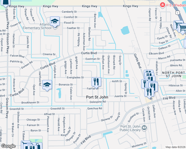 map of restaurants, bars, coffee shops, grocery stores, and more near 6908 Bentley Road in Cocoa