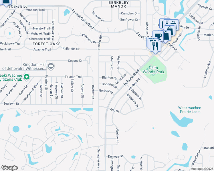 map of restaurants, bars, coffee shops, grocery stores, and more near 8264 Goodrich Street in Spring Hill