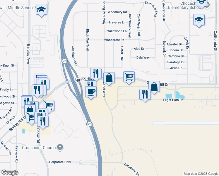 map of restaurants, bars, coffee shops, grocery stores, and more near 3201 Aerial Way in Brooksville