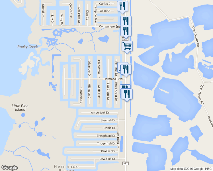 map of restaurants, bars, coffee shops, grocery stores, and more near 3269 Sea Grape Drive in Hernando Beach