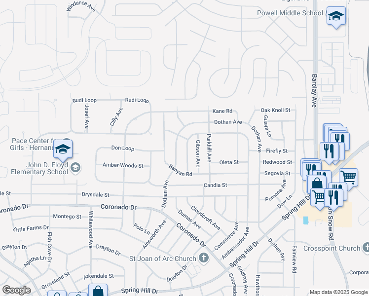 map of restaurants, bars, coffee shops, grocery stores, and more near 3466 Ambassador Avenue in Spring Hill